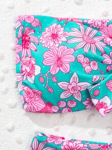 Floral Print Knot Front Bandeau Bikini Set, For Summer Beach Vacation - Multicolor - View 4