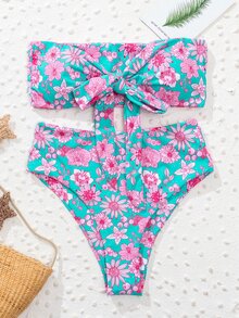 Floral Print Knot Front Bandeau Bikini Set, For Summer Beach Vacation - Multicolor - View 6