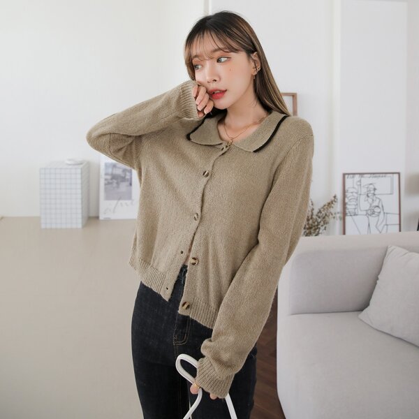

Binding Button Front Cardigan, Khaki