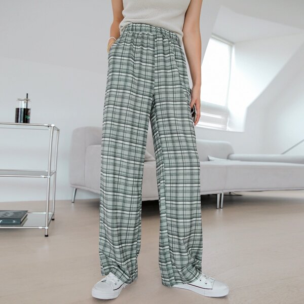 

Plaid Elastic Waist Wide Leg Pants, Mint green