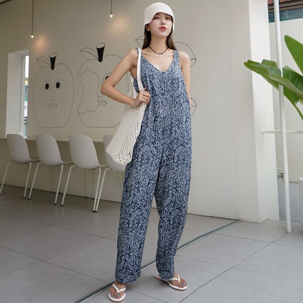 

Paisley Print Overall Jumpsuit, Navy blue