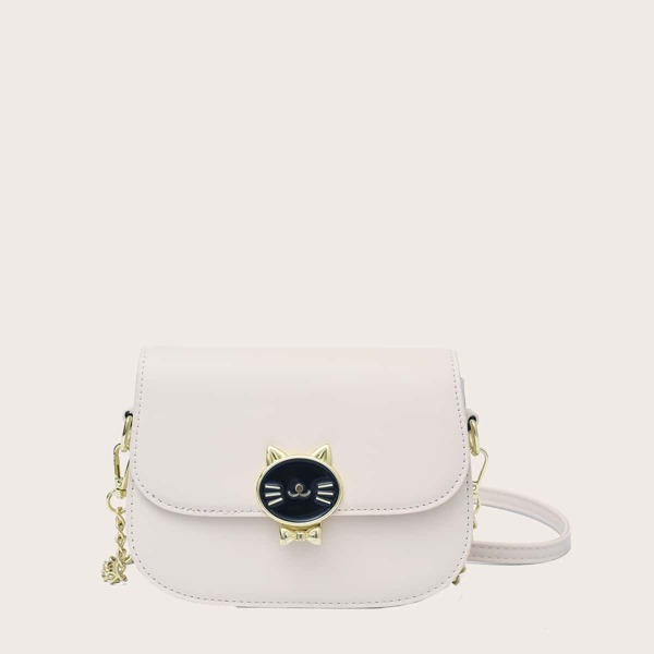 

Metal Cat Decor Flap Saddle Bag, Beige