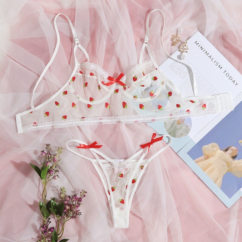 

Strawberry Embroidered Mesh Underwire Lingerie Set, White