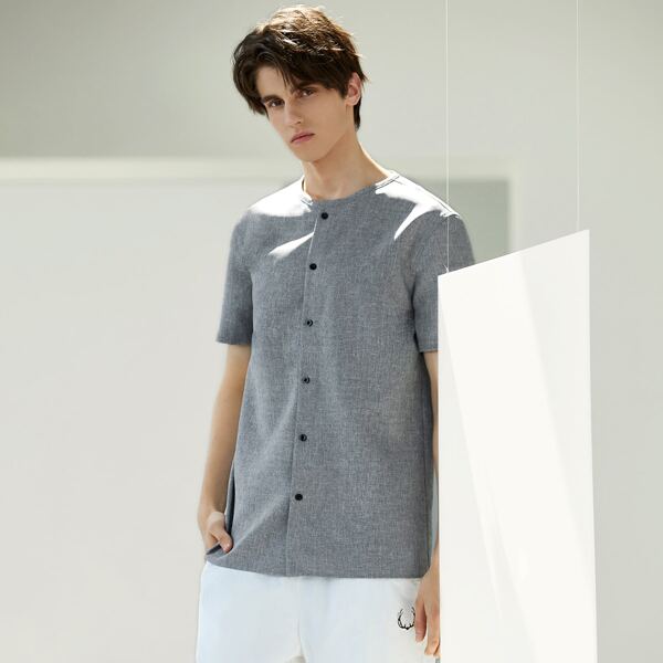 

Men Marled Knit Button Up Shirt, Grey