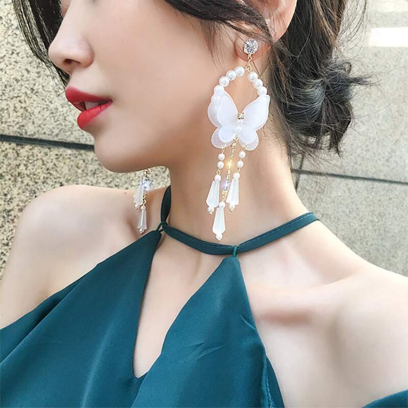 

Butterfly Drop Earrings, White