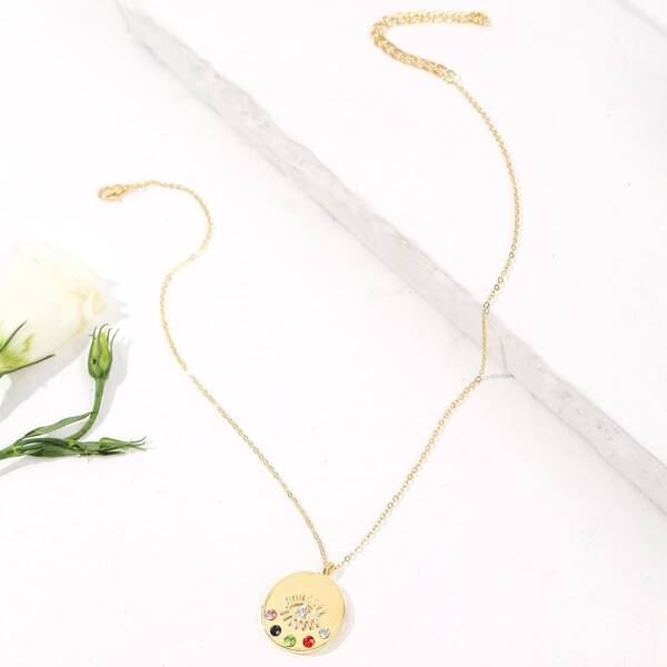 

Rhinestone Decor Round Charm Necklace, Gold