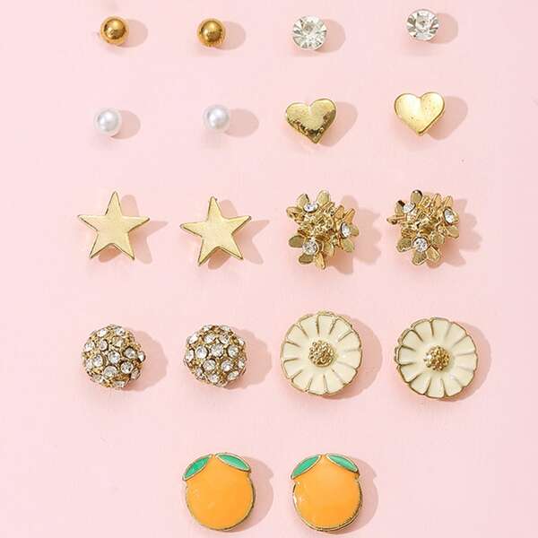 

9pairs Heart & Star Stud Earrings, Gold