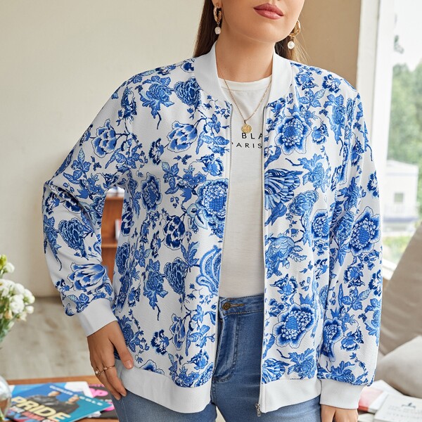 

Plus Floral Print Bomber Jacket, Blue and white