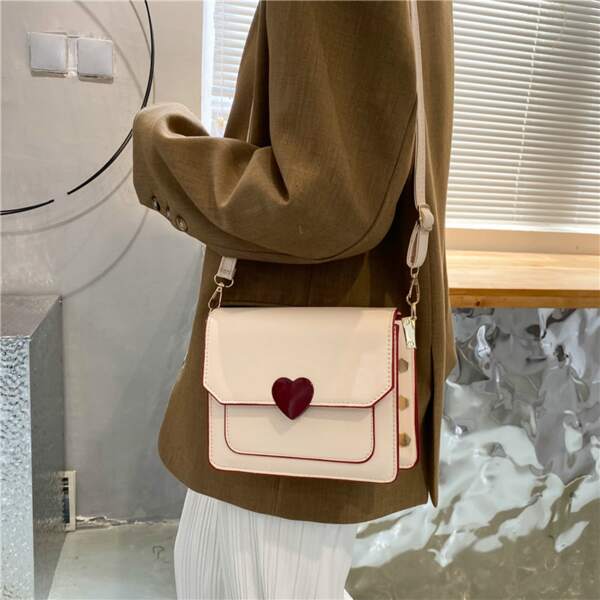 

Metal & Heart Decor Contrast Binding Flap Square Bag, Apricot