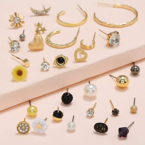 

30pairs Girls Flower & Rhinestone Decor Earrings, Multicolor
