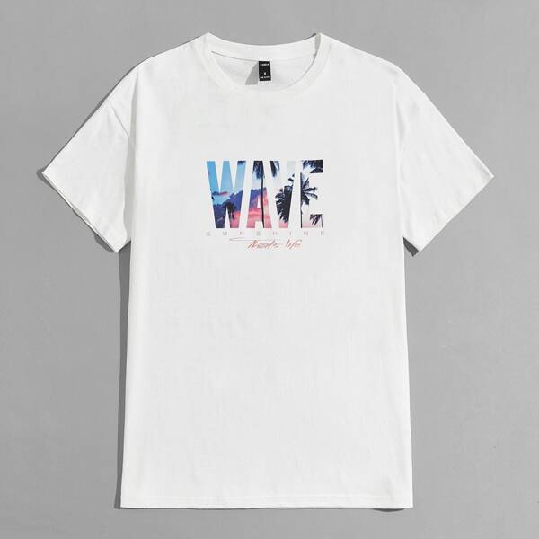 

Men Tropical & Letter Graphic Tee, White