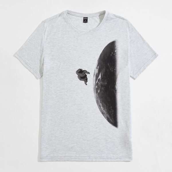 

Men Astronaut & Planet Print Tee, Light grey