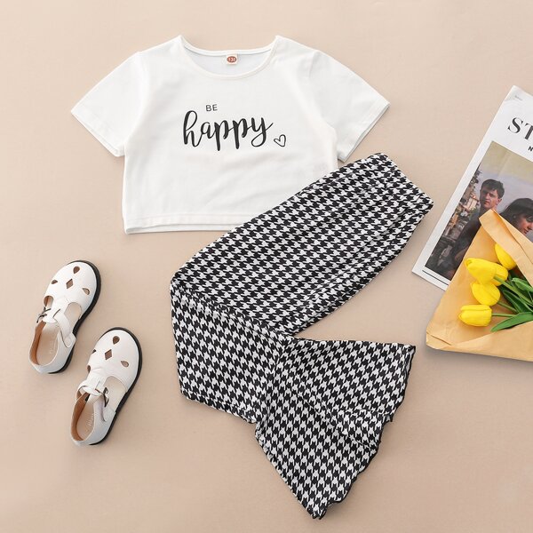 

Girls Letter Graphic Tee With Houndstooth Flare Leg Pants, Black and white