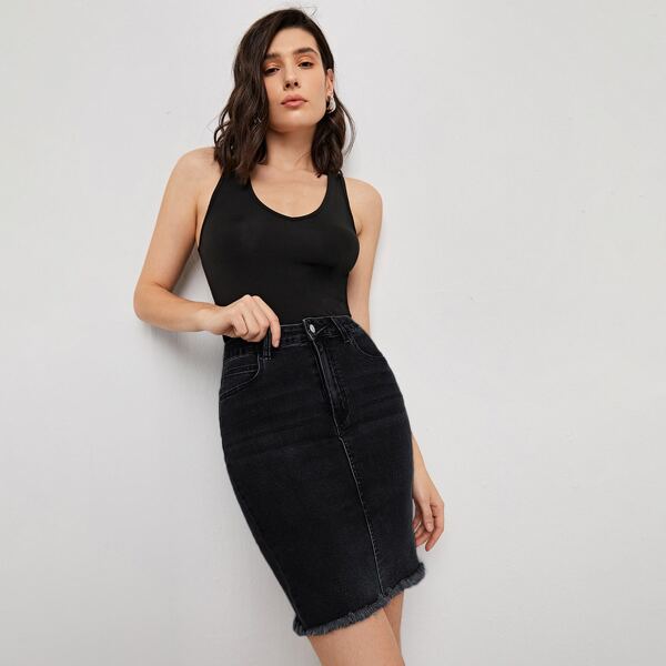 

Raw Hem Split Back Denim Skirt, Black