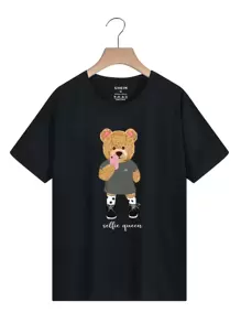INAWLY Cartoon Bear And Letter Graphic Tee - Black - View 1