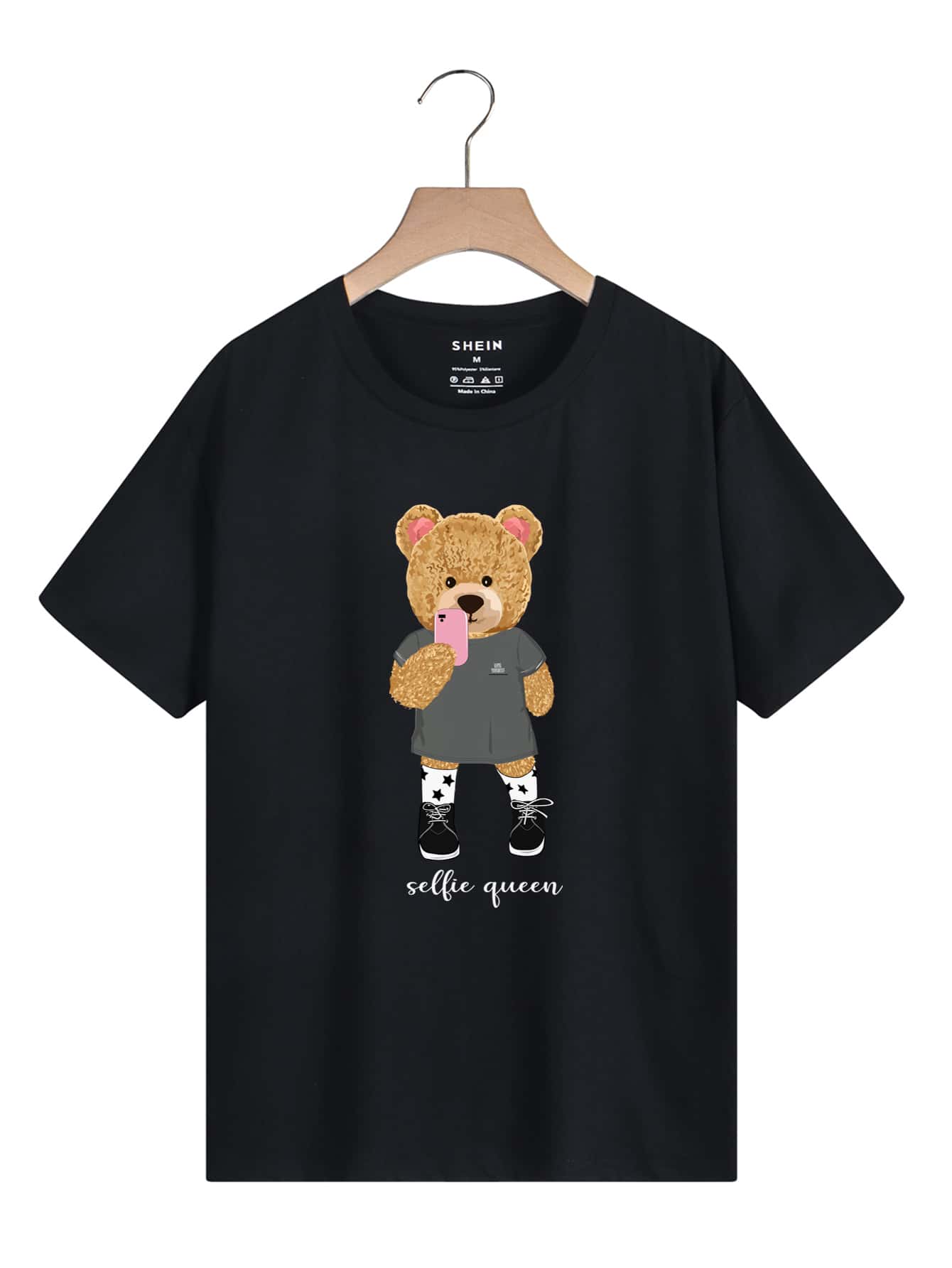 INAWLY Cartoon Bear And Letter Graphic Tee - Black - View 1