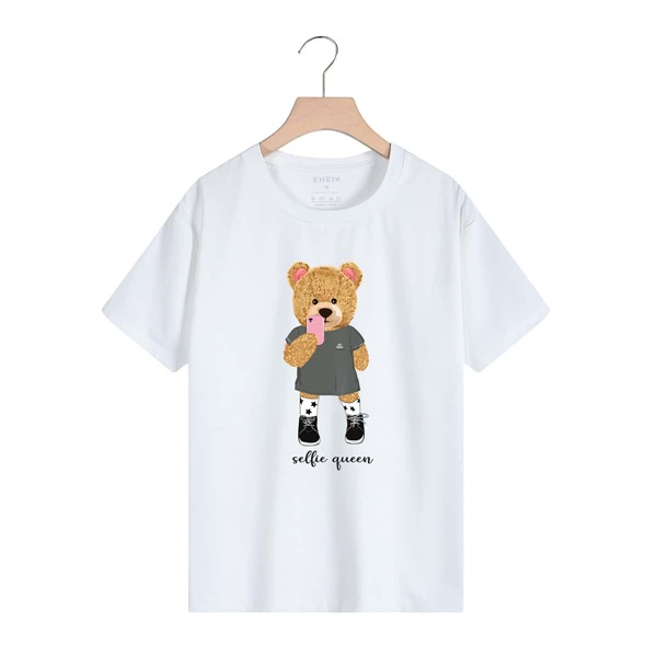 

Cartoon Bear And Letter Graphic Tee, White