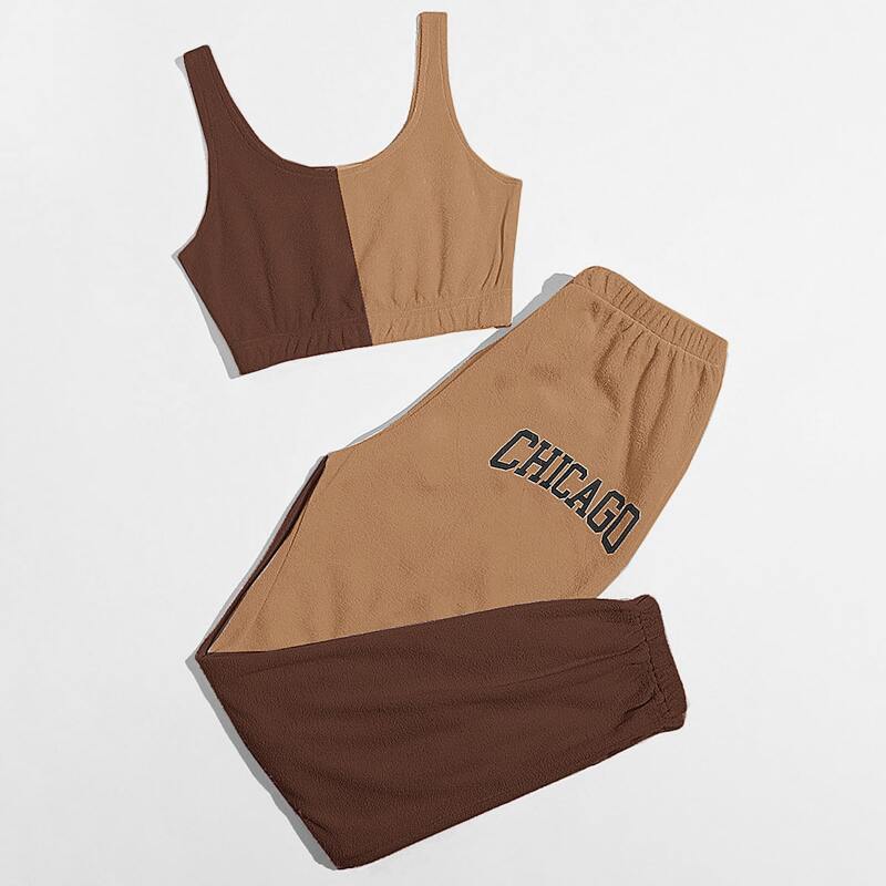 

Solid Crop Tank Top & Letter Pants, Multicolor