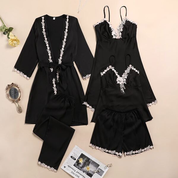 

5pcs Contrast Guipure Lace Belted Satin Night Set, Black
