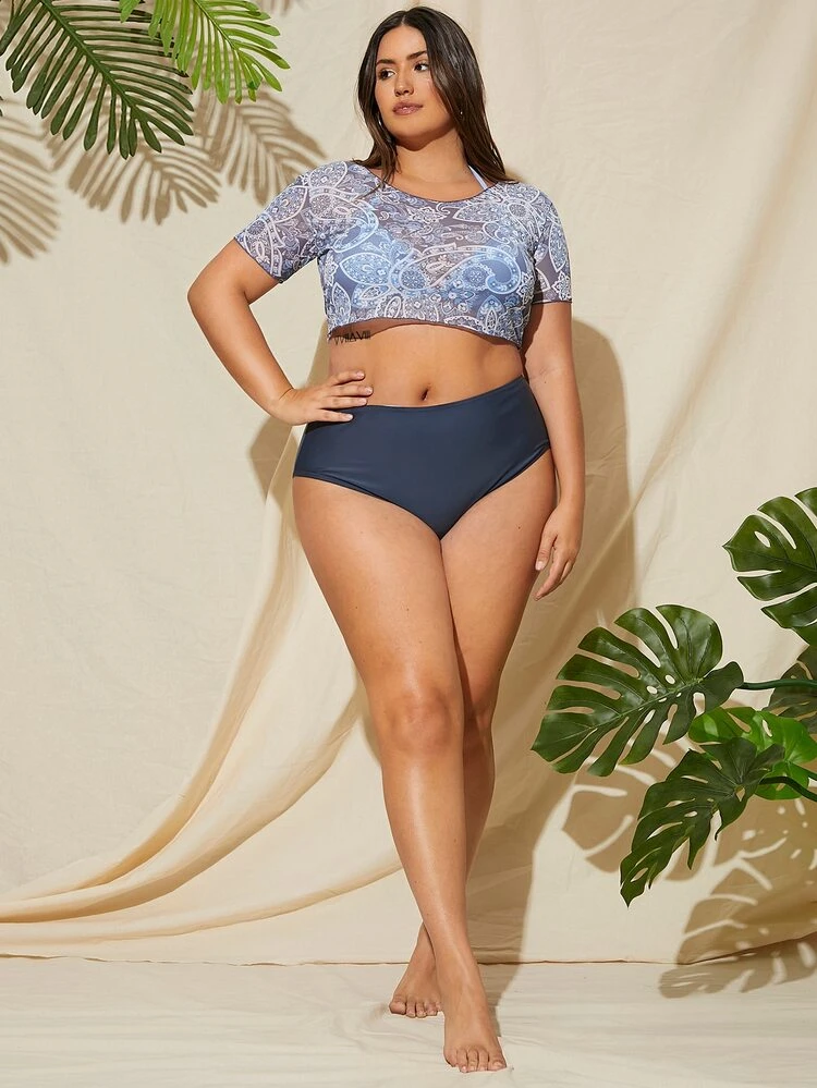 3packs Plus Size Triangle Bikini & Paisley Print Cover Up Summer Beach