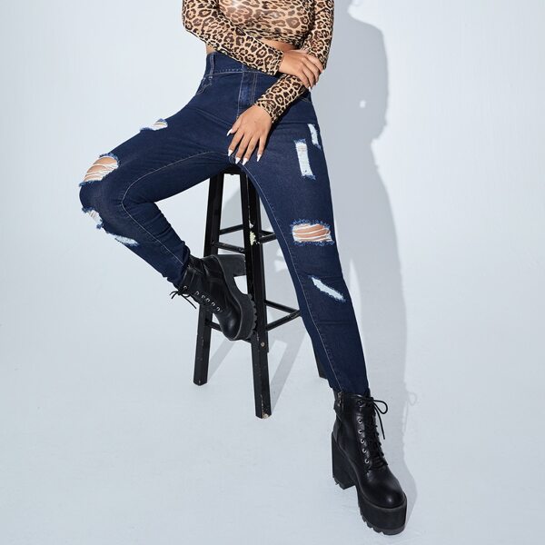 

Plus High Waist Ripped Skinny Jeans, Dark wash
