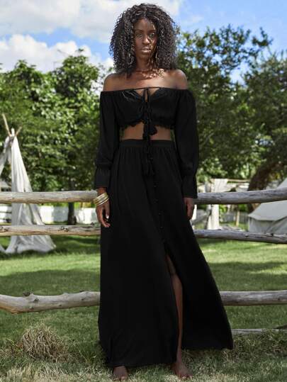 Flounce Sleeve Bardot Top & Skirt Set
