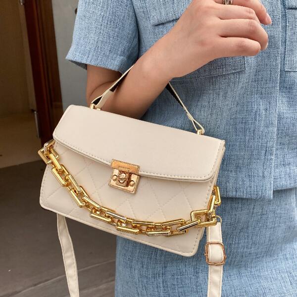 

Chain Decor Stitch Detail Flap Square Bag, Beige