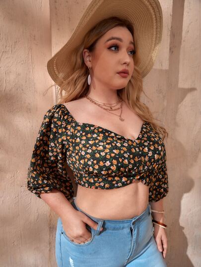 SHEIN Camisa corta floral escote corazón de manga obispo