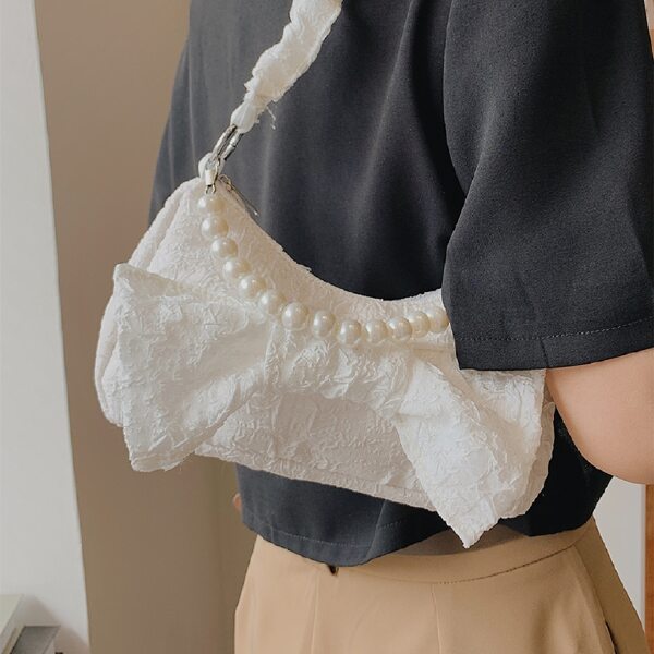 

Bow & Pearls Decor Baguette Bag, Beige