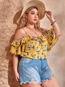SHEIN VCAY Plus Floral Print Cold Shoulder Ruffle Trim Blouse - Yellow - View 3