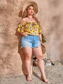SHEIN VCAY Plus Floral Print Cold Shoulder Ruffle Trim Blouse - Yellow - View 4
