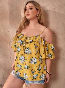 SHEIN VCAY Plus Floral Print Cold Shoulder Ruffle Trim Blouse - Yellow - View 5