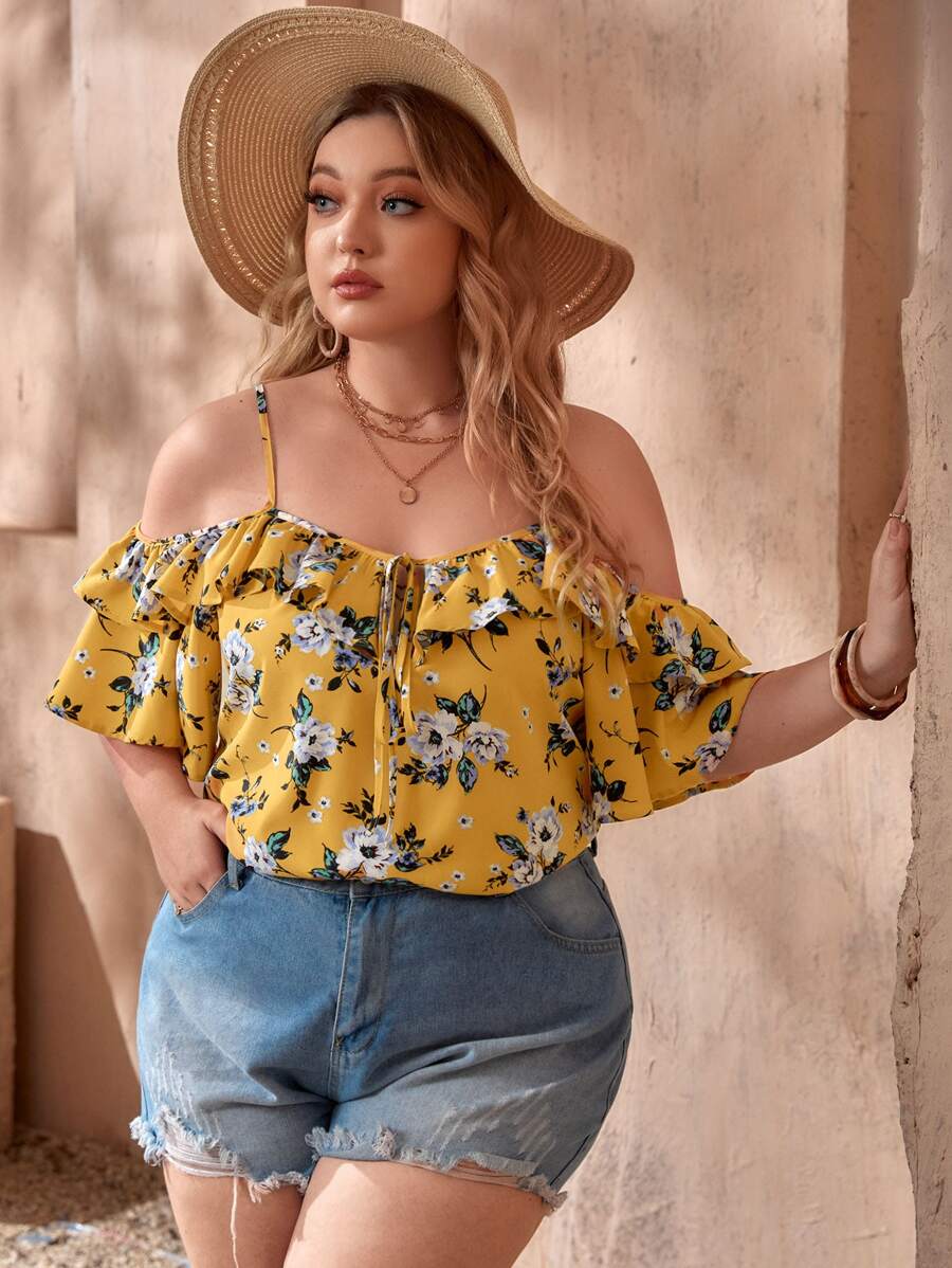 SHEIN VCAY Plus Floral Print Cold Shoulder Ruffle Trim Blouse - Yellow - View 1