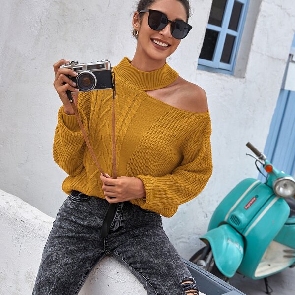 

Asymmetrical Neck Cable Knit Sweater, Mustard yellow