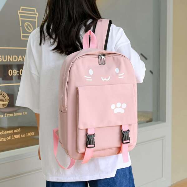 

Cartoon Graphic Buckle Decor Backpack, Pink