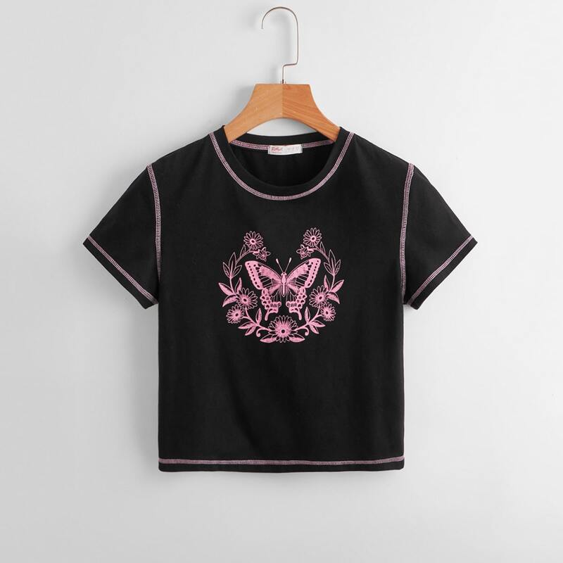 

Butterfly & Floral Print Stitching Trim Tee, Black