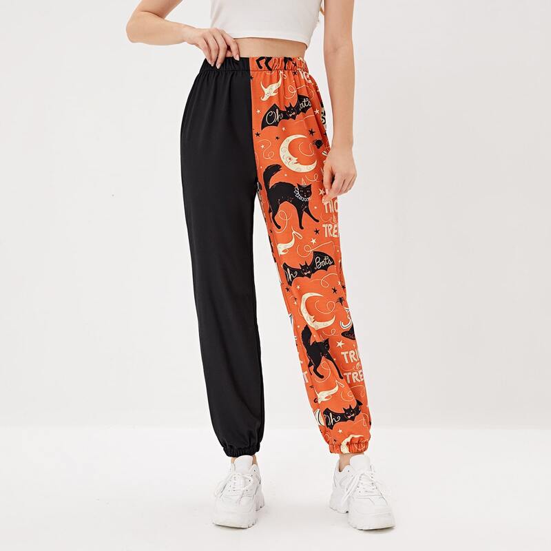 

Colorblock & Cat Graphic Sweatpants, Multicolor