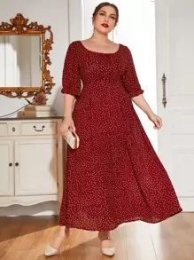 Modelyn Váy cổ tròn tay bèo chấm bi đỏ tía - Màu Đỏ Sâu - Xem 1