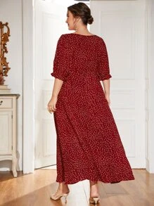 Modelyn Váy cổ tròn tay bèo chấm bi đỏ tía - Màu Đỏ Sâu - Xem 2