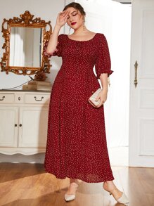 Modelyn Váy cổ tròn tay bèo chấm bi đỏ tía - Màu Đỏ Sâu - Xem 3