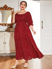 Modelyn Váy cổ tròn tay bèo chấm bi đỏ tía - Màu Đỏ Sâu - Xem 4