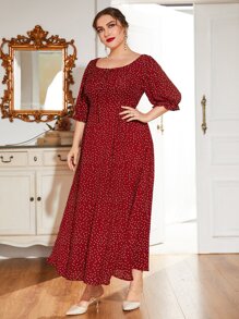 Modelyn Váy cổ tròn tay bèo chấm bi đỏ tía - Màu Đỏ Sâu - Xem 5