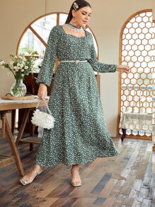 大碼小碎花珍珠流蘇鎖脖領口不附腰帶連衣裙 - 綠色 - 查看 1