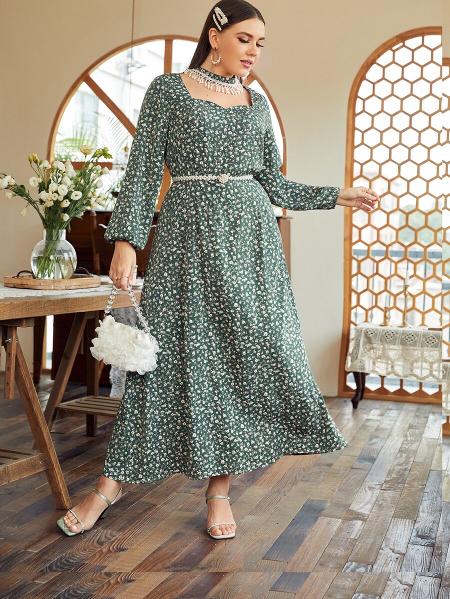 大碼小碎花珍珠流蘇鎖脖領口不附腰帶連衣裙 - 綠色 - 查看 1