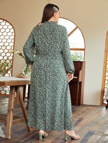 大碼小碎花珍珠流蘇鎖脖領口不附腰帶連衣裙 - 綠色 - 查看 2