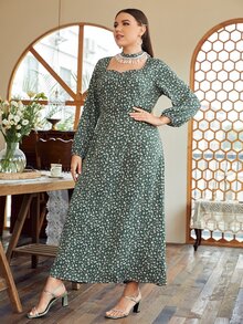 大碼小碎花珍珠流蘇鎖脖領口不附腰帶連衣裙 - 綠色 - 查看 4