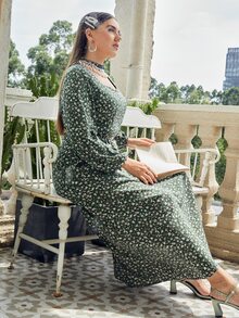 大碼小碎花珍珠流蘇鎖脖領口不附腰帶連衣裙 - 綠色 - 查看 5