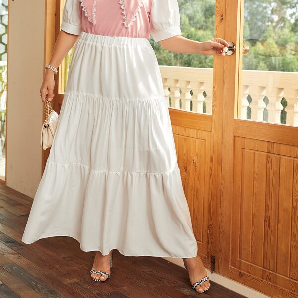 

Plus Solid Ruffle Hem Maxi Skirt, White