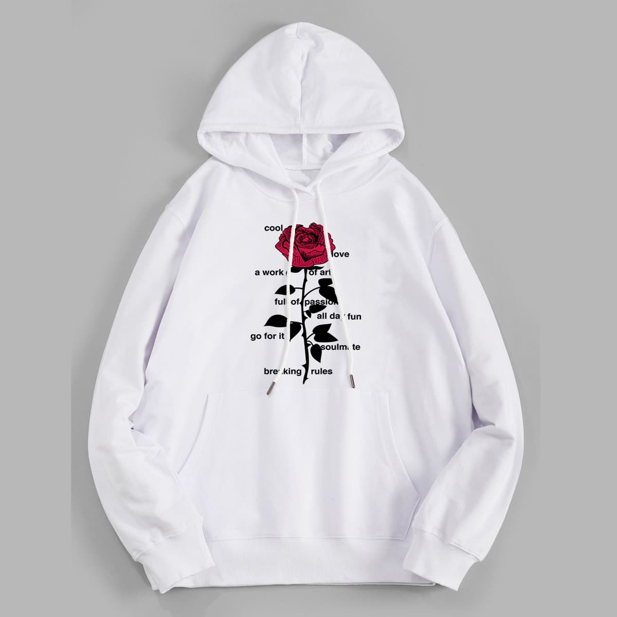 

Guys Letter Rose Graphic Drawstring Kangaroo Hoodie, White