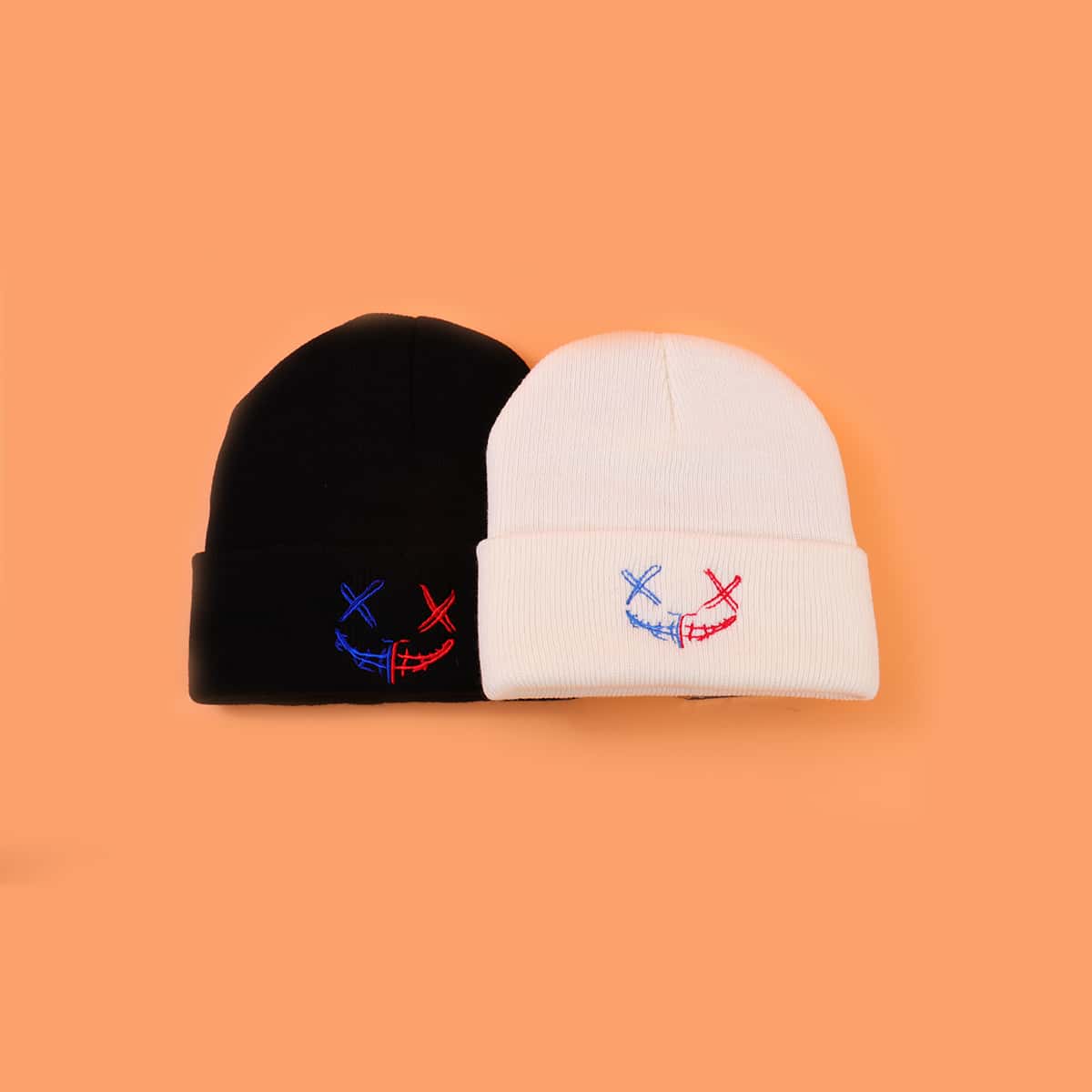 

2pcs Expression Embroidery Knit Hat, Black and white
